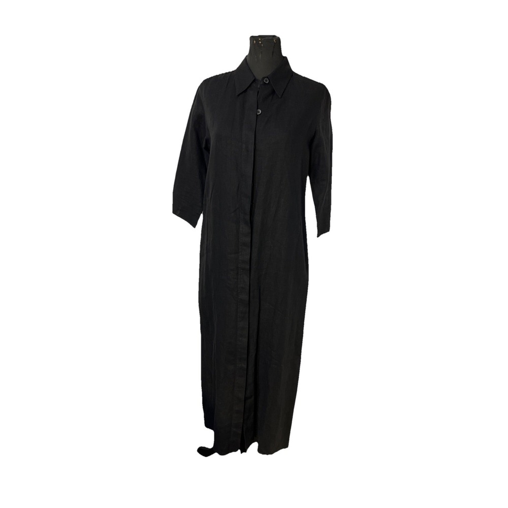 Coldwater Creek Linen Midi‎ Dress Hi Slit Size MP 3/4 Sleeve Black Button Front